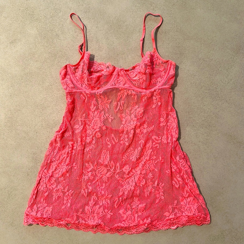 See-through stretchy, coral lace with underwire cups and adjustable straps